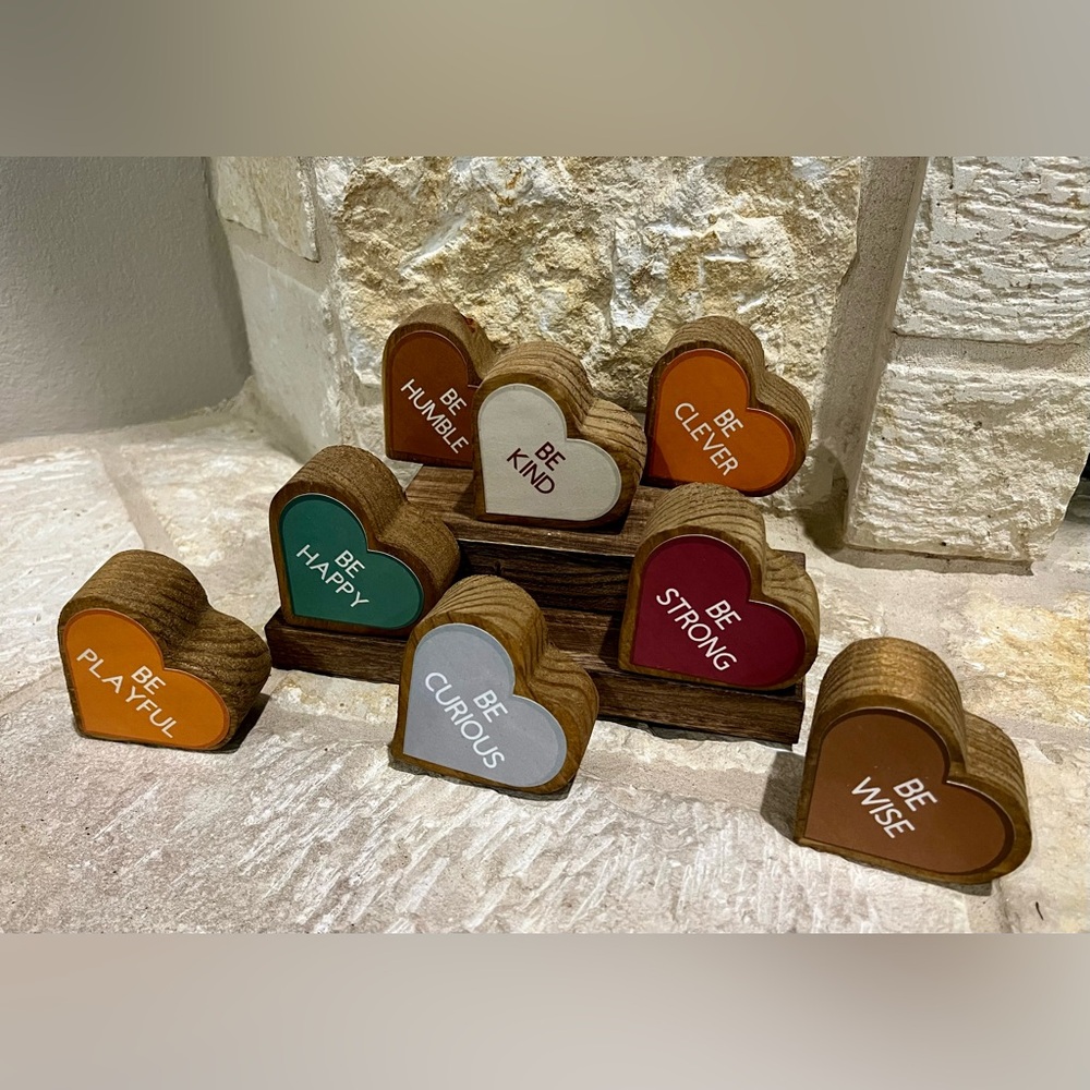 Inspirational Handmade Wooden Hearts Set of 8 - Multicolor